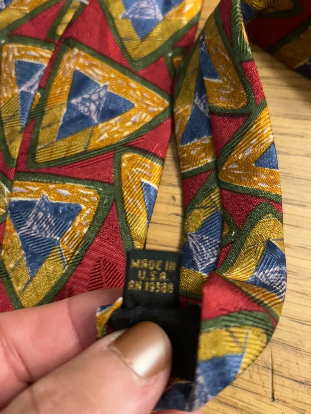 Karl Lagerfeld Red Silk Tie with Blue and Gold Geometric Motif